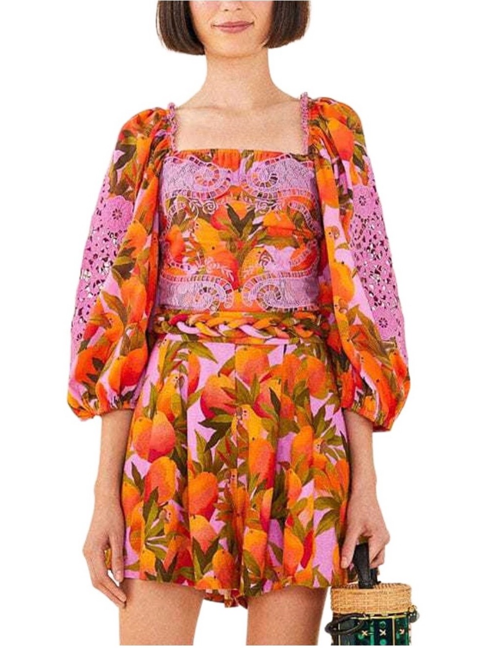 FARM Rio Mango & Macaws Print Floral Puff-Sleeve Crop Top